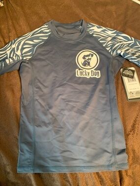 Lucky Dog Blue Rash Guard with Zebra Sleeve Accents
